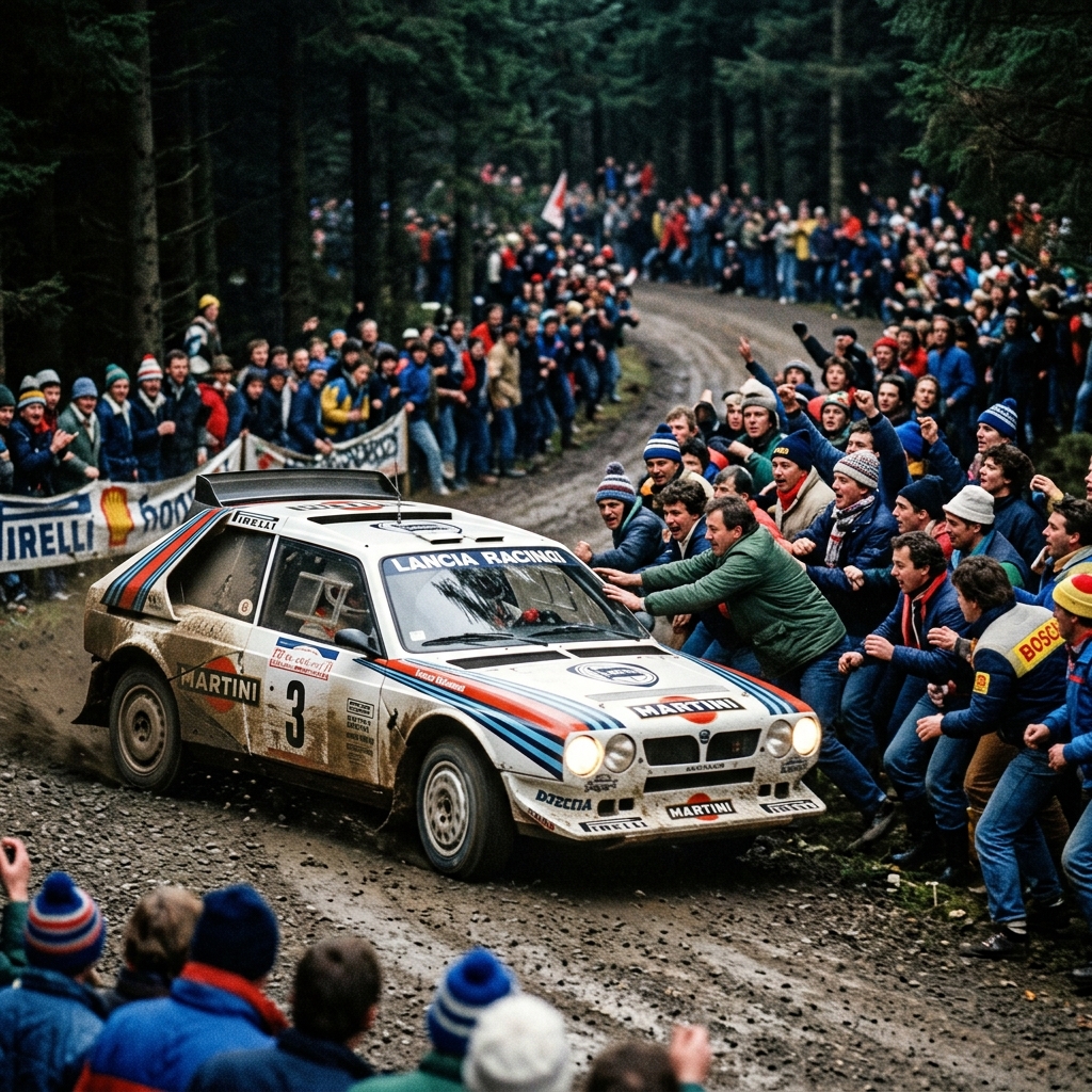 Group B rally car passing spectators at close range
