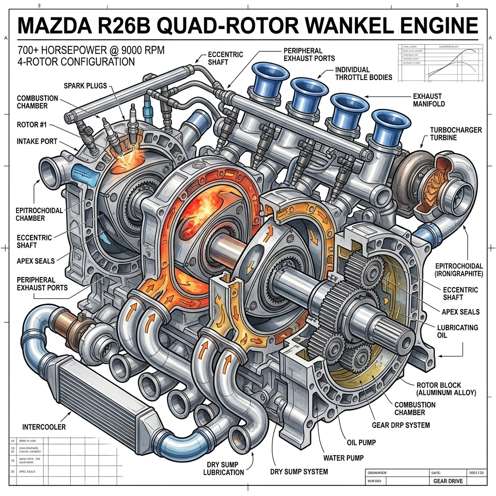 Mazda R26B quad-rotor engine cutaway