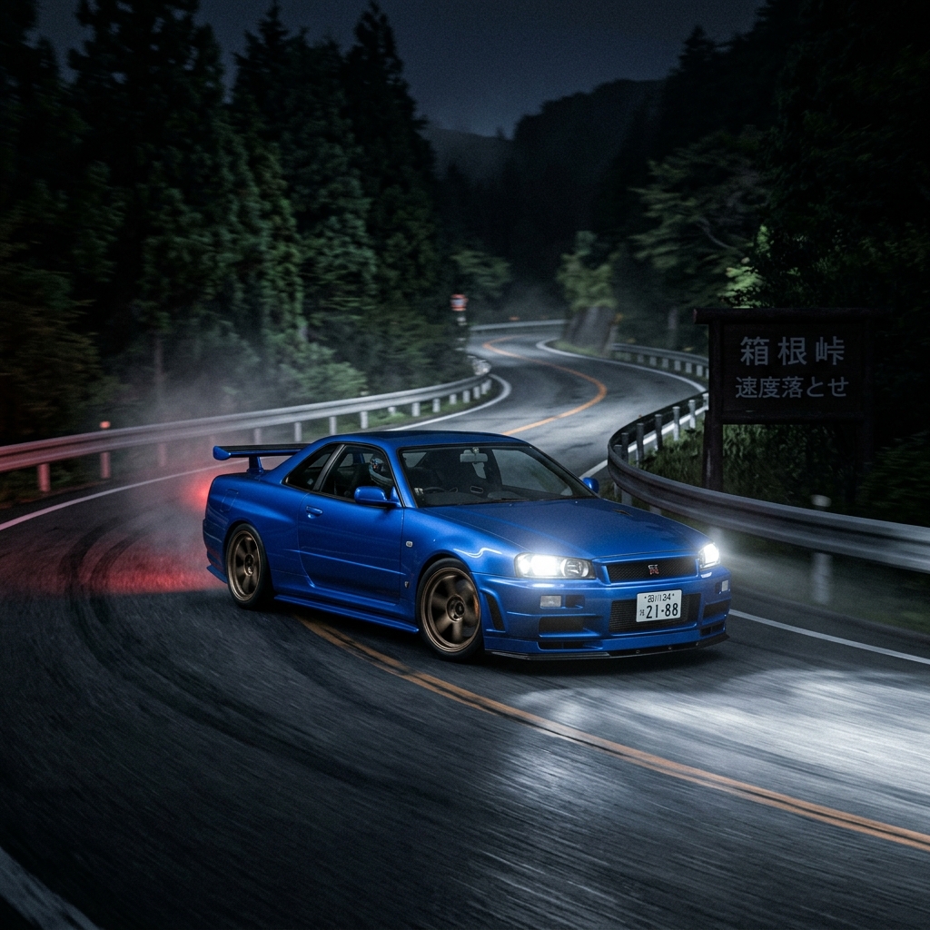 Nissan Skyline GT-R R34 on mountain pass at night