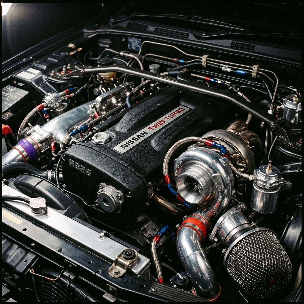 RB26DETT twin-turbo engine close-up